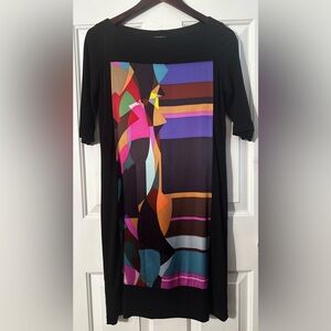 SUZY CHIN for MAGGY BOUTIQUE Sz 4 Wearable Art Blk Silk Shift Short Sleeve Dress